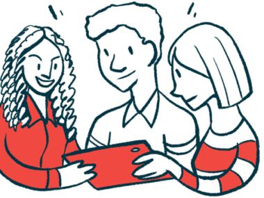 Three people look at a tablet illustration.