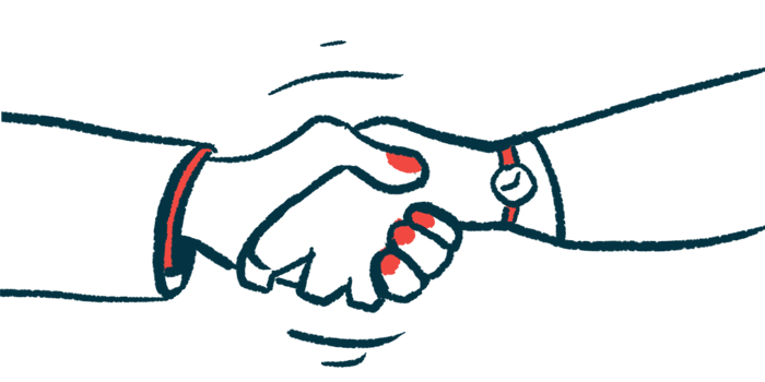 This illustration of a handshake gives a close-up view of two clasped hands.