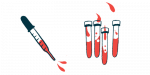 The illustration shows a syringe and test tubes, all apparently with blood in them.