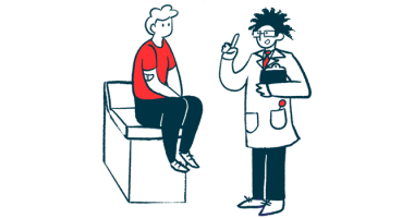 A doctor holding a clipboard speaks to a patient sitting on an examining table.