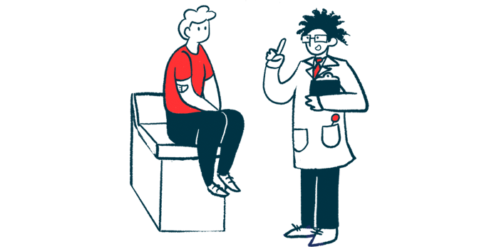 A doctor holding a clipboard speaks to a patient sitting on an examining table.