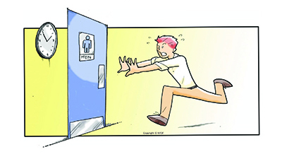 GI issues | Fabry Disease News | A graphic depicts a man running toward the men's restroom as a clock ticks down.