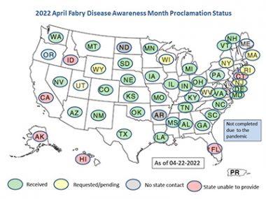 Fabry disease awareness | Fabry Disease News | A map of the United States shows which states have proclaimed April to be Fabry Disease Awareness Month, and which states are still pending the request.
