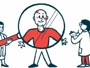 A case study illustration shows one clinician holding a giant magnifying glass in front of a patient as another takes notes on a clipboard.