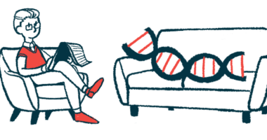 A gene therapy illustration shows a DNA strand lying on a couch in a therapy session with a therapist taking notes in a chair nearby.