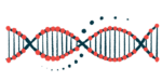 This illustration shows a red-and-black DNA strand.