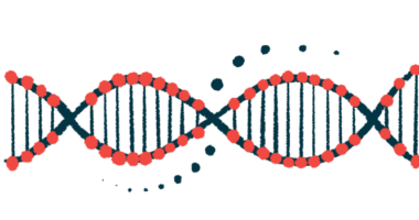 This illustration shows a red-and-black DNA strand.