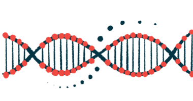 This illustration shows a red-and-black DNA strand.