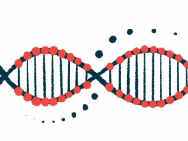 This illustration shows a red-and-black DNA strand.