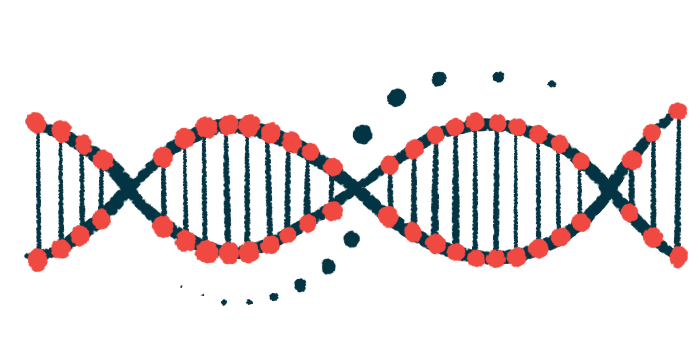 This illustration shows a red-and-black DNA strand.