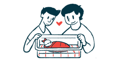 An illustration shows a couple looking at a newborn.