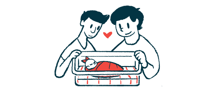 An illustration shows a couple looking at a newborn.