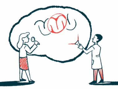 One clinician uses a flashlight to highlight an enlarged image of a brain while a second uses a magnifying glass to examine it.