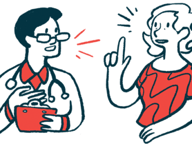 A doctor talks to a woman who raises her hand to make a point.