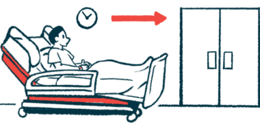 A patient lies on a gurney outside two closed doors that have a red arrow pointed at them.