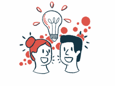 The heads of two people are shown, talking, as a lightbulb is illuminated above them and dots of ideas surround them.