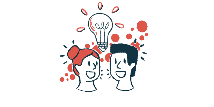 The heads of two people are shown, talking, as a lightbulb is illuminated above them and dots of ideas surround them.