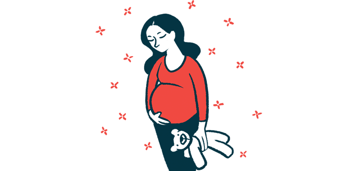 A pregnant woman cradles her belly with one hand while dangling a teddy bear with the other.