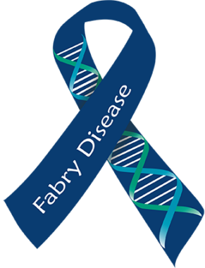 A blue ribbon with a strand of DNA and the words "Fabry Disease" printed on it