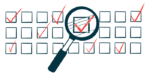 Illustration of a magnifying glass showing a checked box among three rows of boxes.