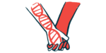 An illustration of two hands holding, one of them showing the double helix of a strand of DNA.