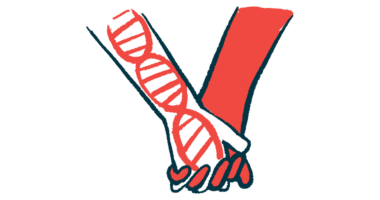 An illustration of two hands holding, one of them showing the double helix of a strand of DNA.