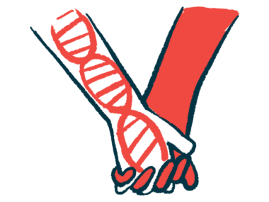 An illustration of two hands holding, one of them showing the double helix of a strand of DNA.