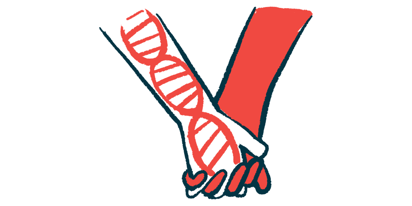 An illustration of two hands holding, one of them showing the double helix of a strand of DNA.