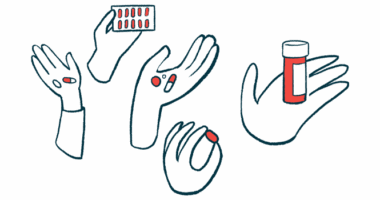 Five hands hold pills, blister packets, and prescription bottles.