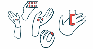 Five hands hold pills, blister packets, and prescription bottles.
