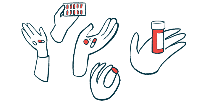 Five hands hold pills, blister packets, and prescription bottles.