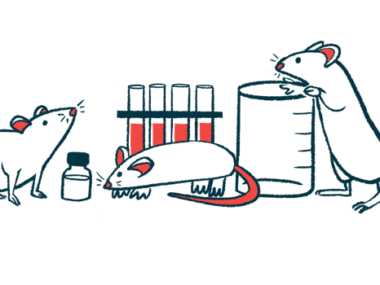 A trio of mice are seen amid lab equipment, with one climbing up the side of a beaker.