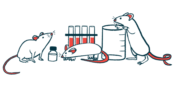 A trio of mice are seen amid lab equipment, with one climbing up the side of a beaker.